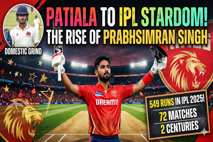 Prabhsimran Singh celebrating in IPL stadium with bat and helmet raised